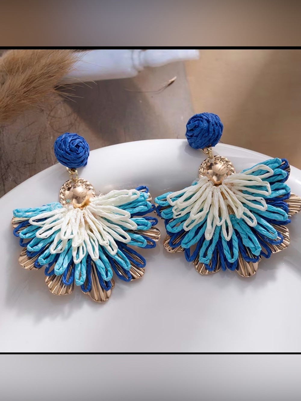Coastal Blue Raffia Fan Drop Earrings with Gold Accents